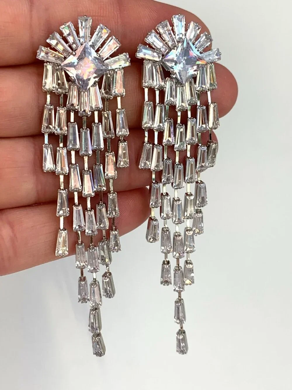 NEW ~ Anthropologie CZ Square & Baguette Long Fringe Glam Earrings
